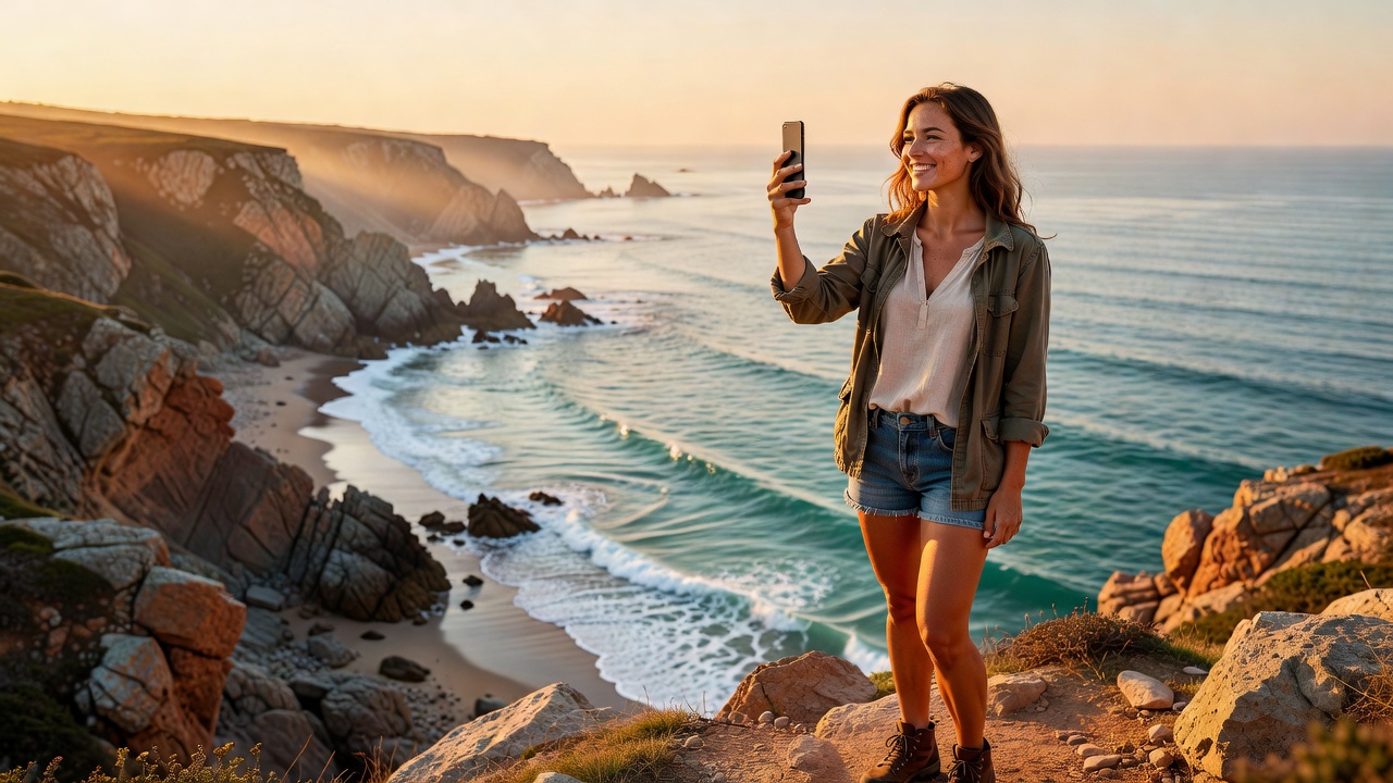 A traveller using their phone at a scenic viewpoint