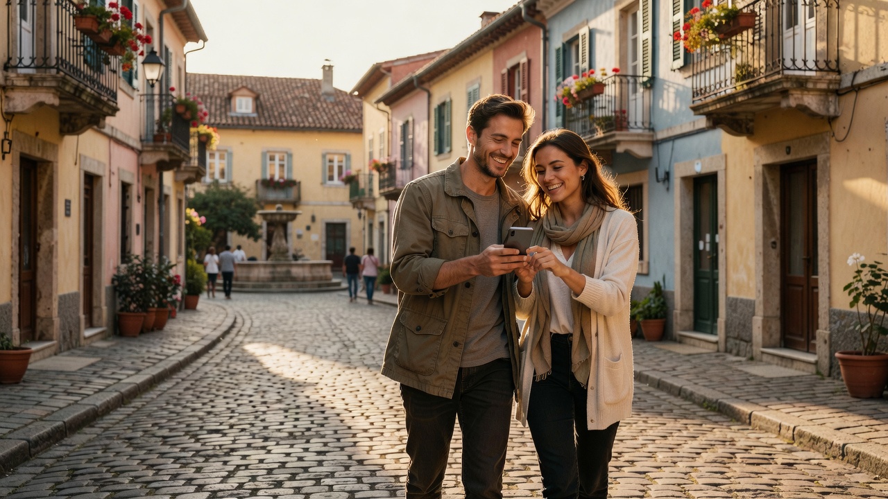 A couple using their phone to navigate a city while travelling