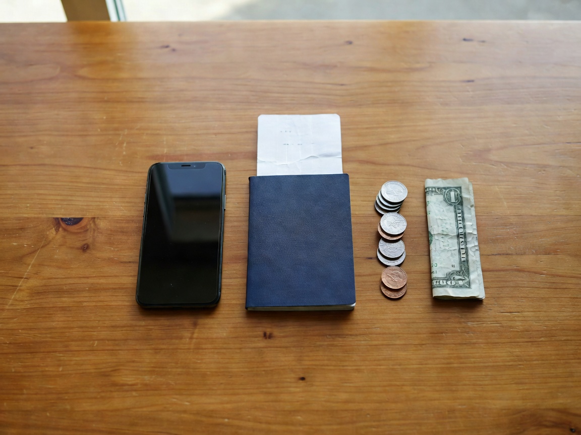 A phone, passport and coins on a table, showing how travel data can save money